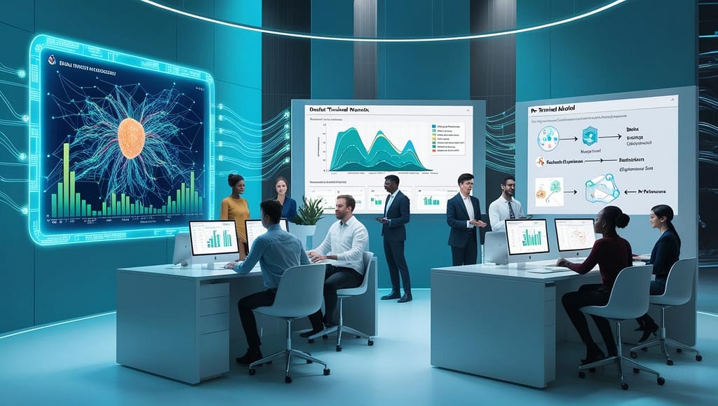 A futuristic, high-tech workspace with a glowing holographic interface displaying a neural network graph. In the foreground, a diverse team of data scientists and engineers collaborates, analyzing clean, structured data on multiple screens. One screen shows a progress chart with rising accuracy metrics, while another displays a pre-trained model being fine-tuned. In the background, a large monitor showcases a flowchart of the training process, with arrows pointing to 'Data Cleaning,' 'Model Optimization,' and 'Performance Evaluation.' The atmosphere is professional yet innovative, with subtle AI-themed elements like glowing nodes and digital streams of data flowing in the air."