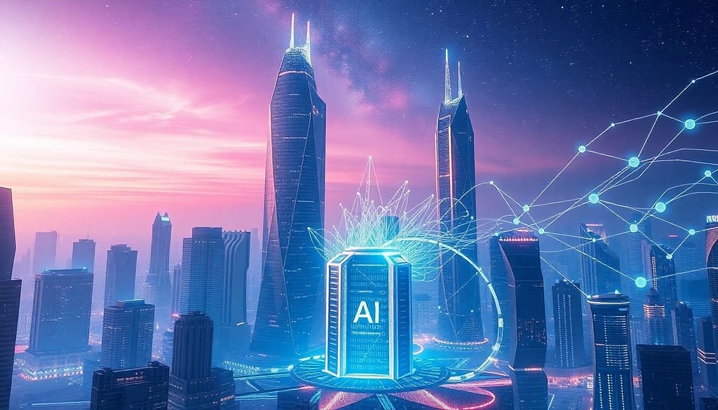 "A futuristic cityscape with AI elements: a robot holding a DNA strand, glowing neural networks, transparent flowcharts symbolizing explainable AI, diverse professionals collaborating, and scales balancing ethics, all under a digital sky with binary code rain."