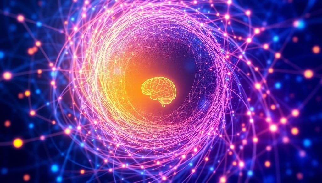 An Ethereal rendition of the Neural-Net, glowing and radiating light and the image of the humanv brain, representing the joining.