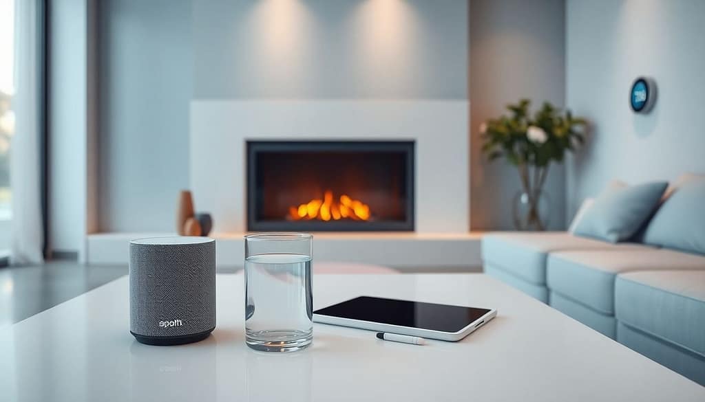 "Modern living room featuring integrated smart home devices, including a wall-mounted tablet control panel, smart lighting, and visible smart speakers, showcasing contemporary home automation technology"