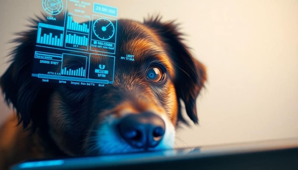 Image of a dog looking at a laptop screen and reflection is on him.
