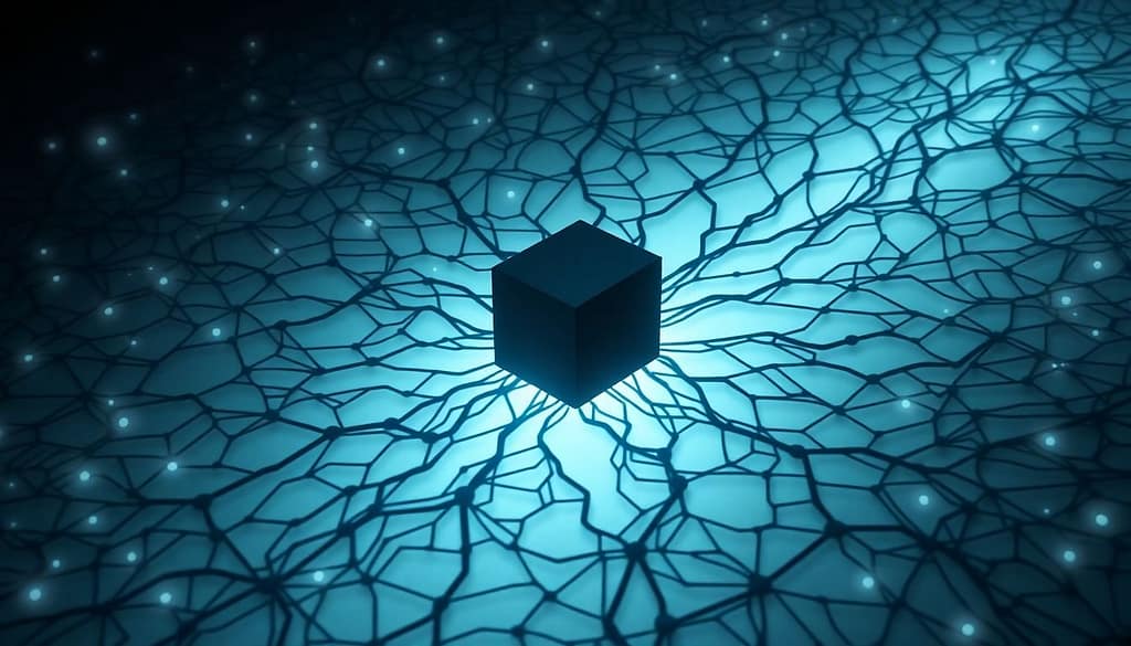 A translucent, glowing neural network structure contained within a dark, enigmatic box. Light paths show data entering and decisions emerging, but the internal connections are obscured and mysterious