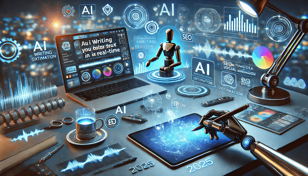 A sleek laptop displays an AI writing assistant generating text in real-time, while a holographic screen showcases an advanced AI video editor. Nearby, a robotic arm sketches digital art on a tablet, and an AI-powered microphone records voiceovers with waveform visualizations.
