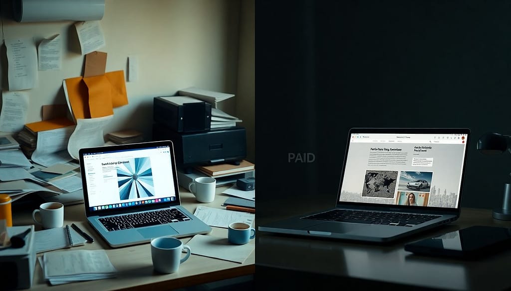 "Split-screen comparison of a free AI-generated image (simple) vs. a premium AI-generated image (hyper-detailed)."