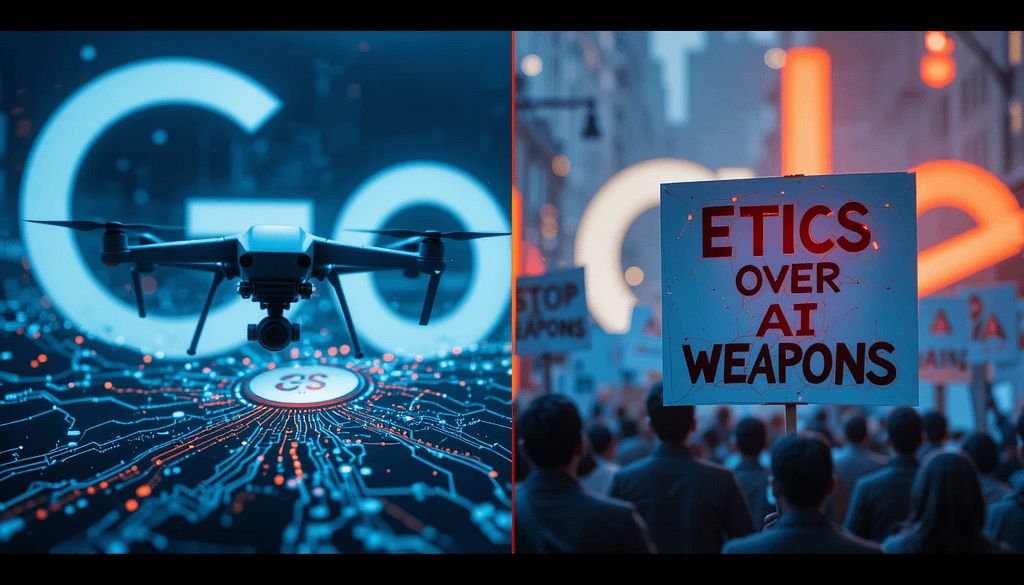 A protest sign reading “Ethics Over Profit” surrounded by faceless protesters (silhouettes) holding “Stop AI Weapons” banners.
 Blurred Google logo with a glowing red caution symbol overlay.