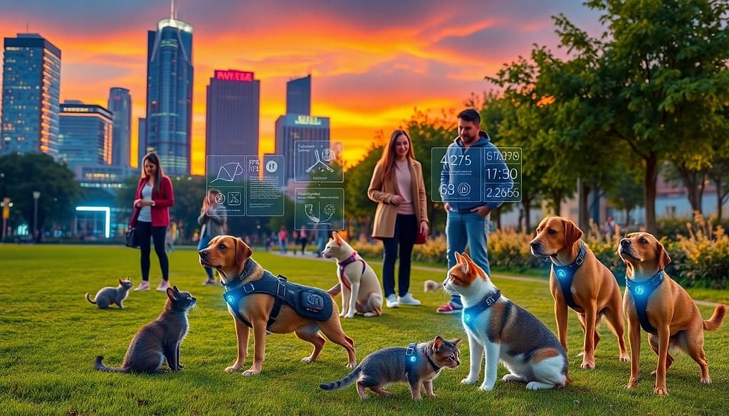 Various pets at the park with their AI pet tracking collars on and glowing as their owners look on phones to track them.