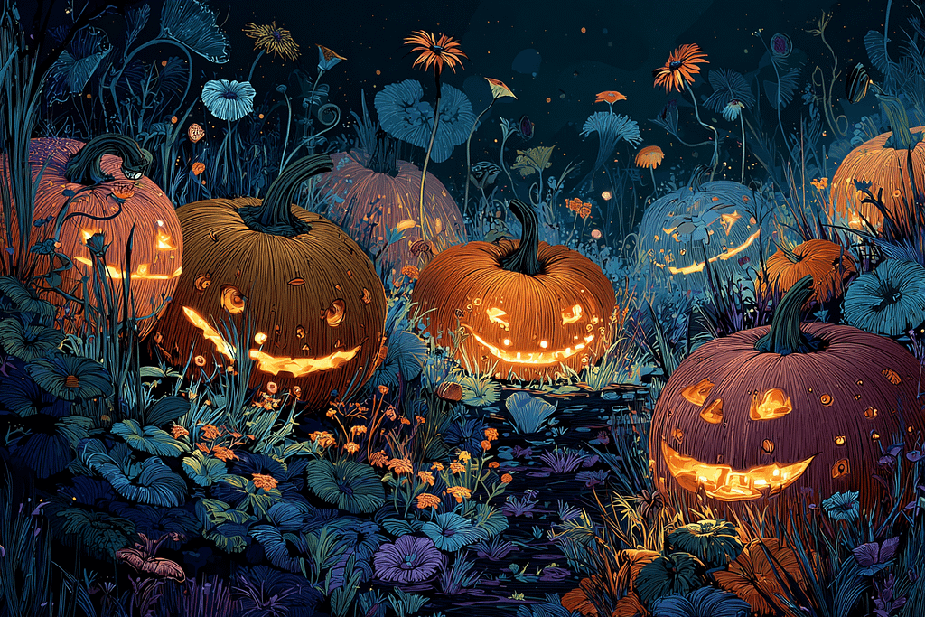 Midjourney art: Whimsical digital painting of an enchanting pumpkin patch at night, filled with intricately carved, warmly glowing jack-o'-lanterns. Stylized illustration, atmospheric lighting, deep Halloween colors, clear focal point.