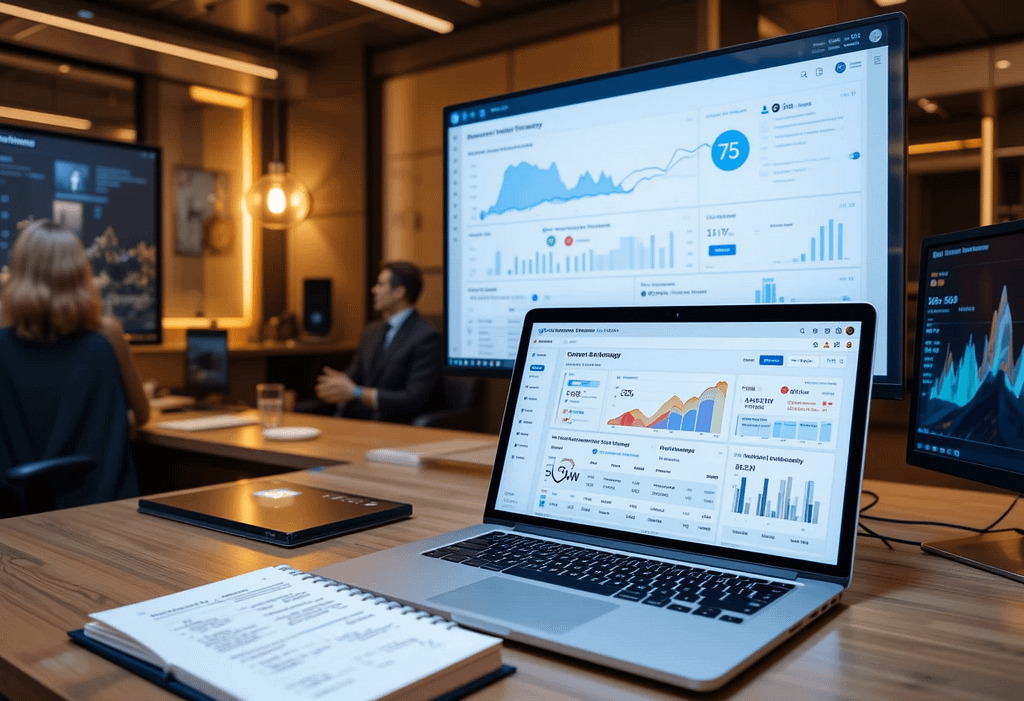 A digital marketing dashboard displaying content performance analytics, including graphs, charts, and user engagement metrics.