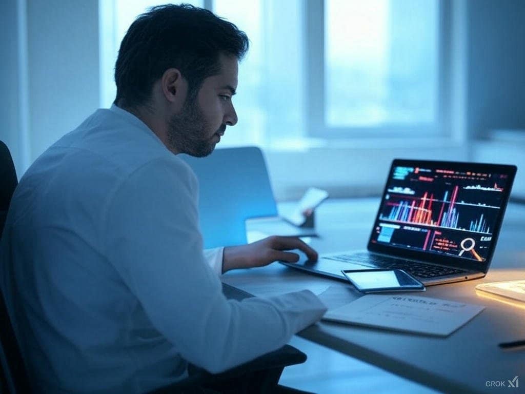 "Marketer reviewing AI-generated audience insights on a laptop screen for niche clarity in online business."