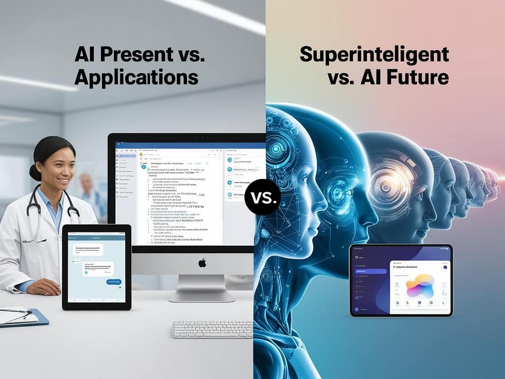"Comparative illustration showing current AI applications in healthcare and finance on the left, with futuristic representations of superintelligent AI systems on the right, highlighting the evolution of artificial intelligence."