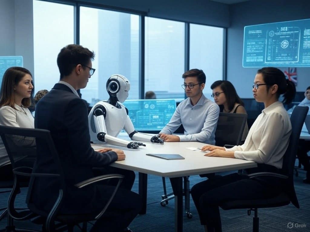 A futuristic government office where AI robots and human apprentices collaborate, surrounded by holographic screens displaying data and policies, in a sleek, modern design with a British flag subtly in the background." Alt Text: "Futuristic UK government office with AI robots and human apprentices working together amid holographic screens