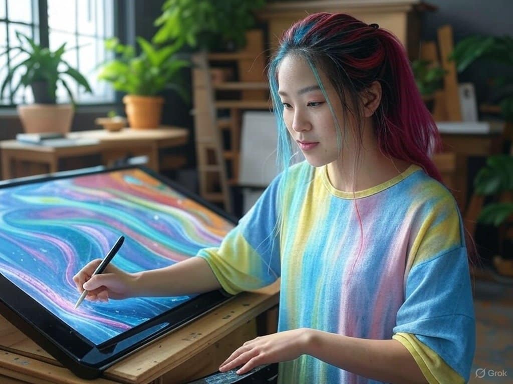 Artist in a digital studio using AI to create colorful abstract designs on a touchscreen, surrounded by plants."