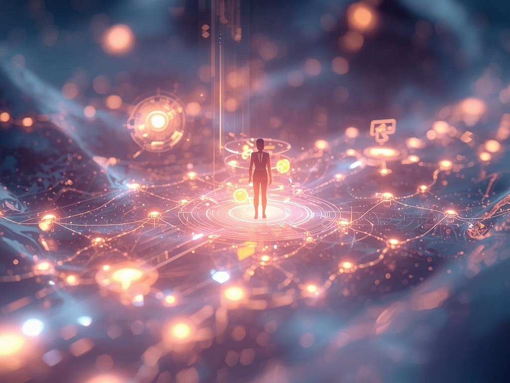 AI-powered tools magically guiding a customer through a seamless digital journey.