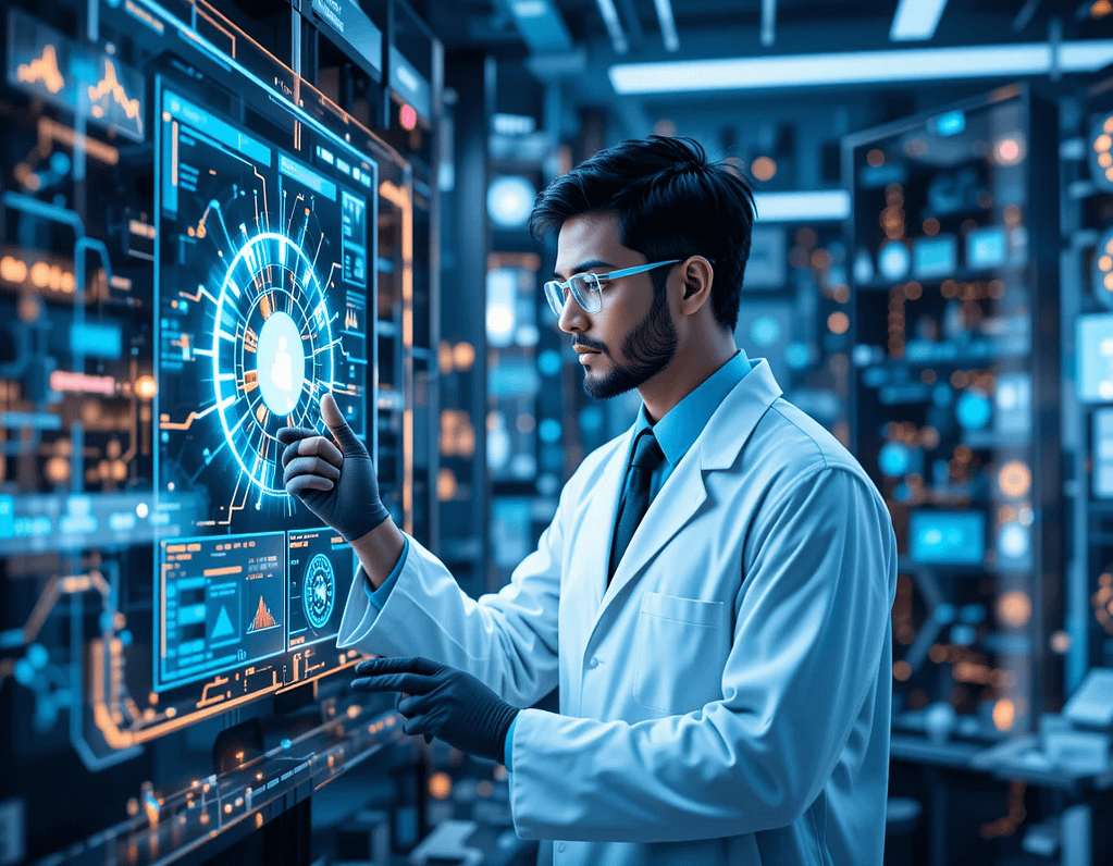 A scientist and AI interface collaborate in a high-tech lab, surrounded by data screens and molecular models, showcasing Google’s AI co-scientist in action.