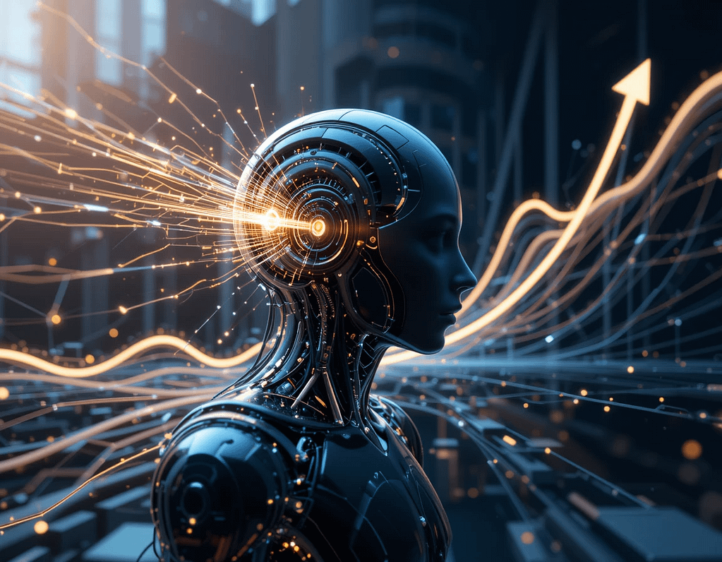 A dynamic illustration of a sleek, advanced AI system (resembling a futuristic computer or robot) emitting waves of light and energy, with abstract graphs and exponential curves rising in the background. The image captures the concept of recursive self-improvement and rapid technological growth.