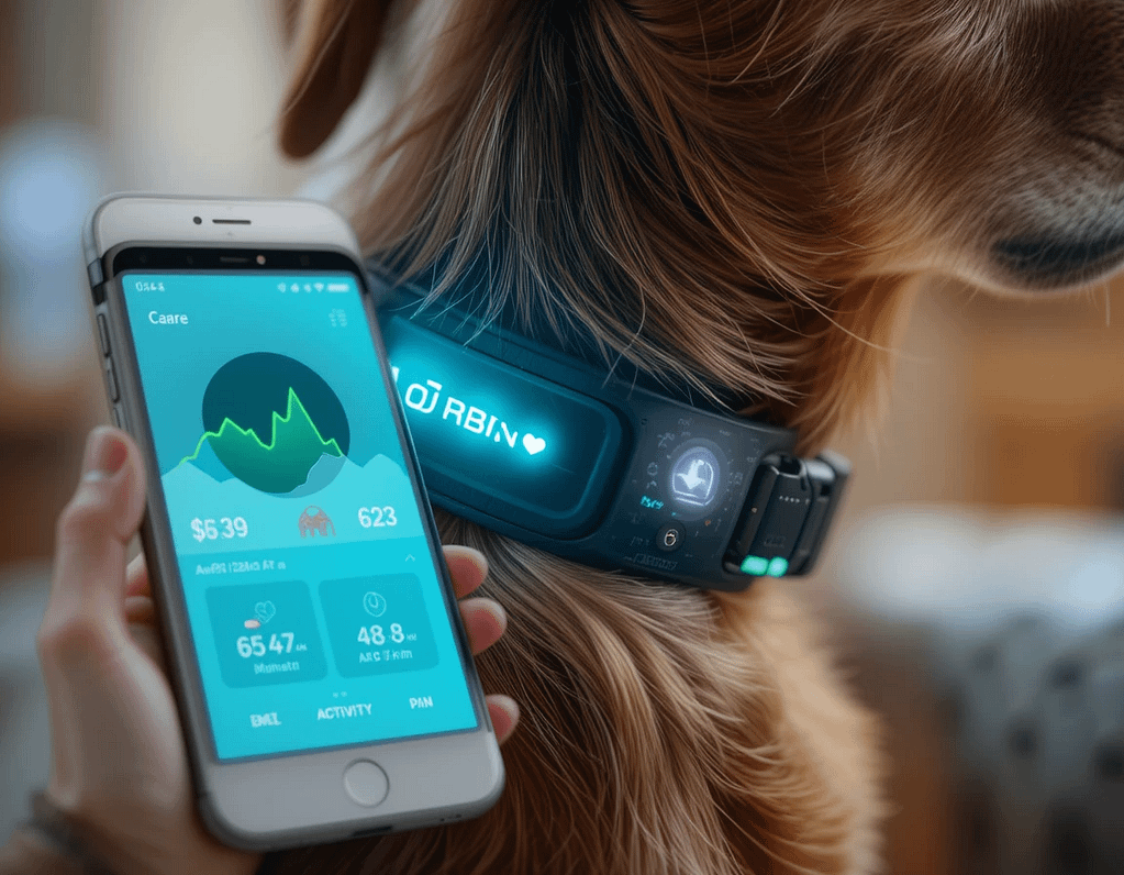 A dog wearing a smart collar with health monitoring technology while a smartphone displays the pet's health data and activity metrics.