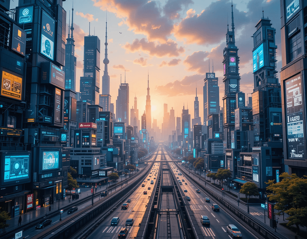"A futuristic cityscape illustrating advanced AI technology with robots and digital interfaces."
