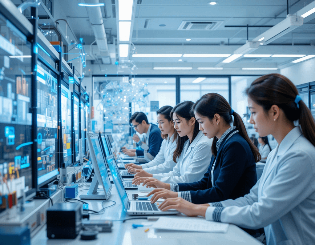 "A diverse group of researchers collaborating in a high-tech lab, symbolizing innovation in AI."