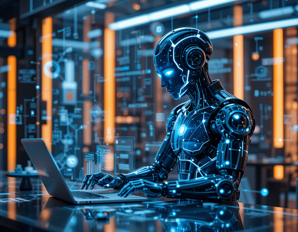 AI agent working together on a complex problem, surrounded by floating data visualizations in a high-tech environment