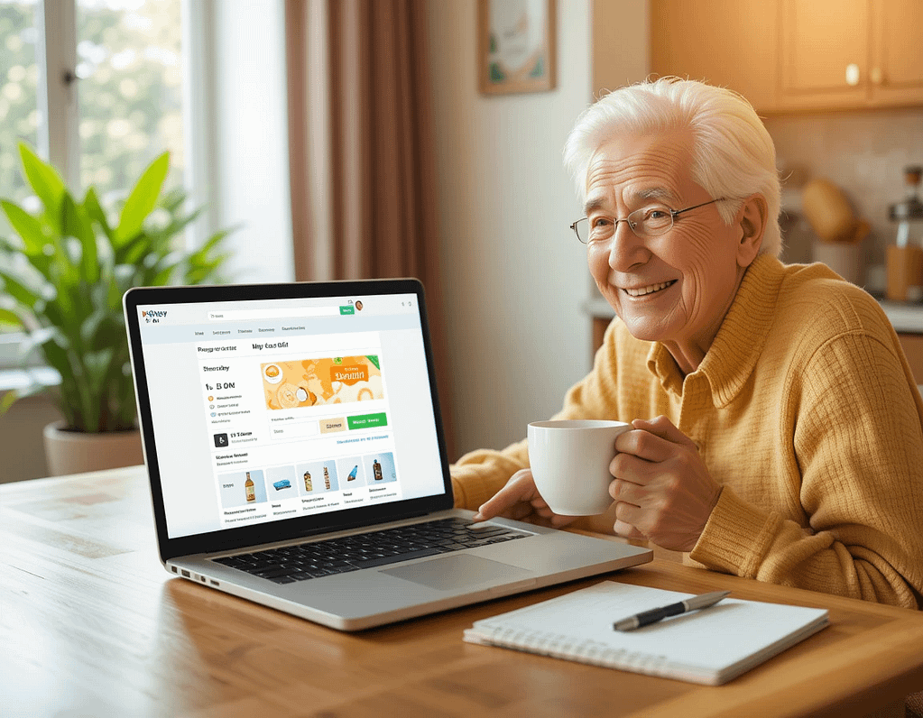 image of a cheerful senior (around 70 years old) sitting at a cozy kitchen table, using a laptop. The screen prominently displays the Honey extension applying a coupon code at checkout on a Walgreens website, with a "You Saved $5!" pop-up visible. The senior smiles, holding a cup of coffee, with a notepad and pen beside them listing grocery items.
