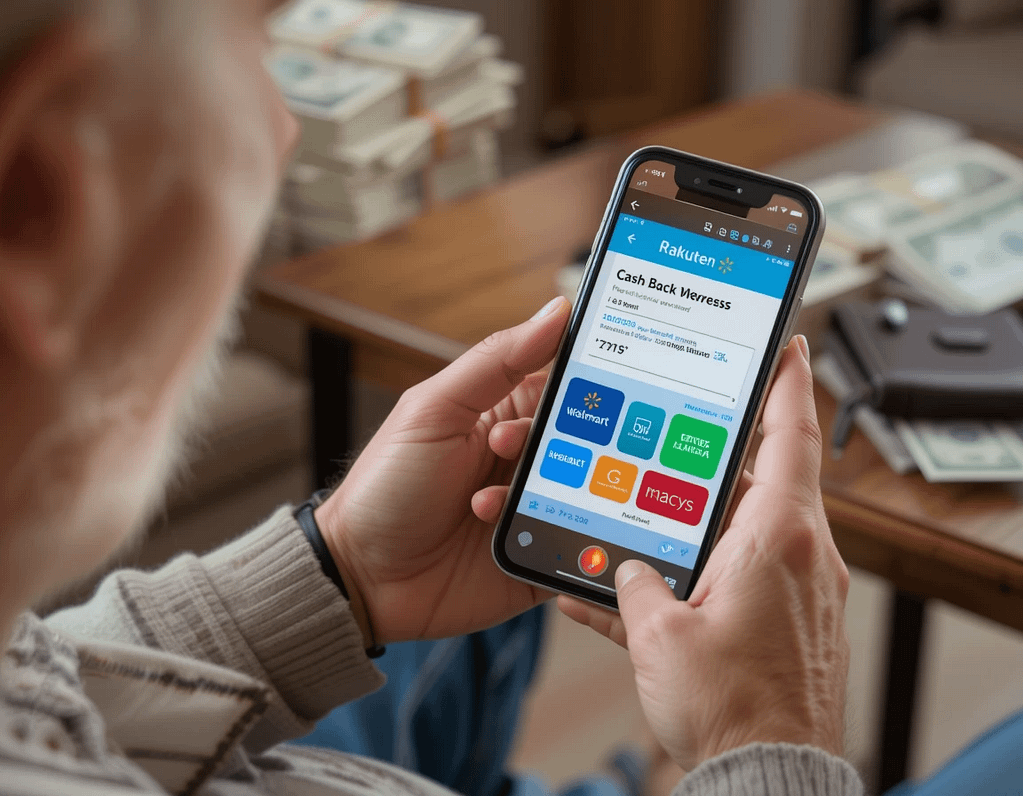 close-up shot of a senior (around 65-70 years old) holding a smartphone, browsing the Rakuten app. The screen shows a "Cash Back Earned: $10" notification from a recent Walmart purchase, with a colorful interface displaying store logos (Walmart, Macy’s). The senior’s hand is steady, with a subtle smile on their face, sitting in a comfy armchair.