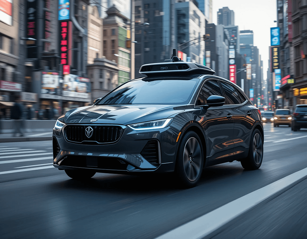 A sleek self-driving car navigating a bustling cityscape, with glowing indicators highlighting its sensors and cameras.