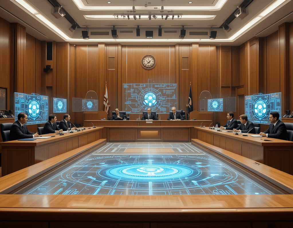 A developer working alongside an AI assistant projected onto a dual-monitor setup, symbolizing human-AI collaboration.