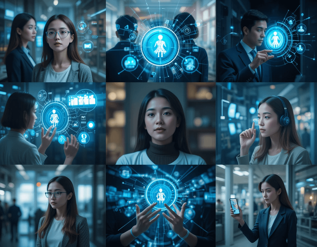 People interacting with holographic AI interfaces