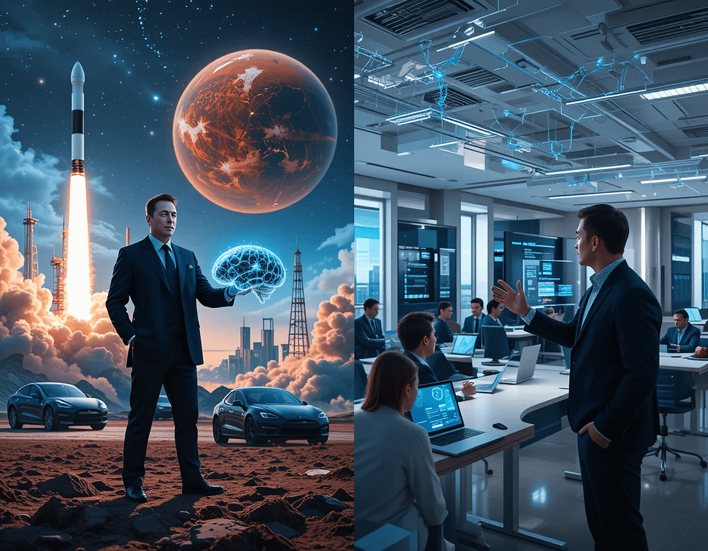 Split image: Elon Musk with SpaceX rockets and Mars blueprint vs. Microsoft team collaborating with AI holograms and cloud servers.