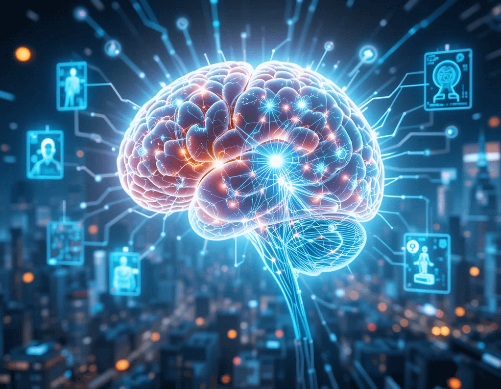 "Digital illustration of an AI-driven biological interface connecting a human brain to technology in a futuristic setting."