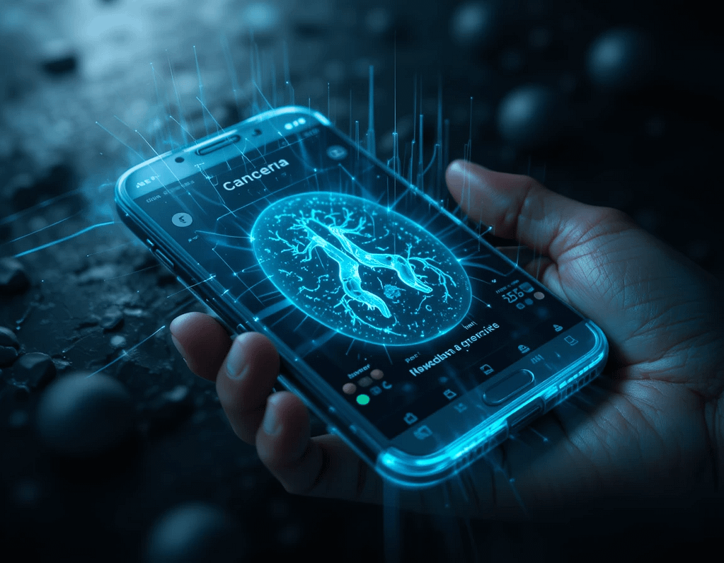 Futuristic smartphone displaying a holographic cancer scan, symbolizing advanced smartphone cancer detection technology.