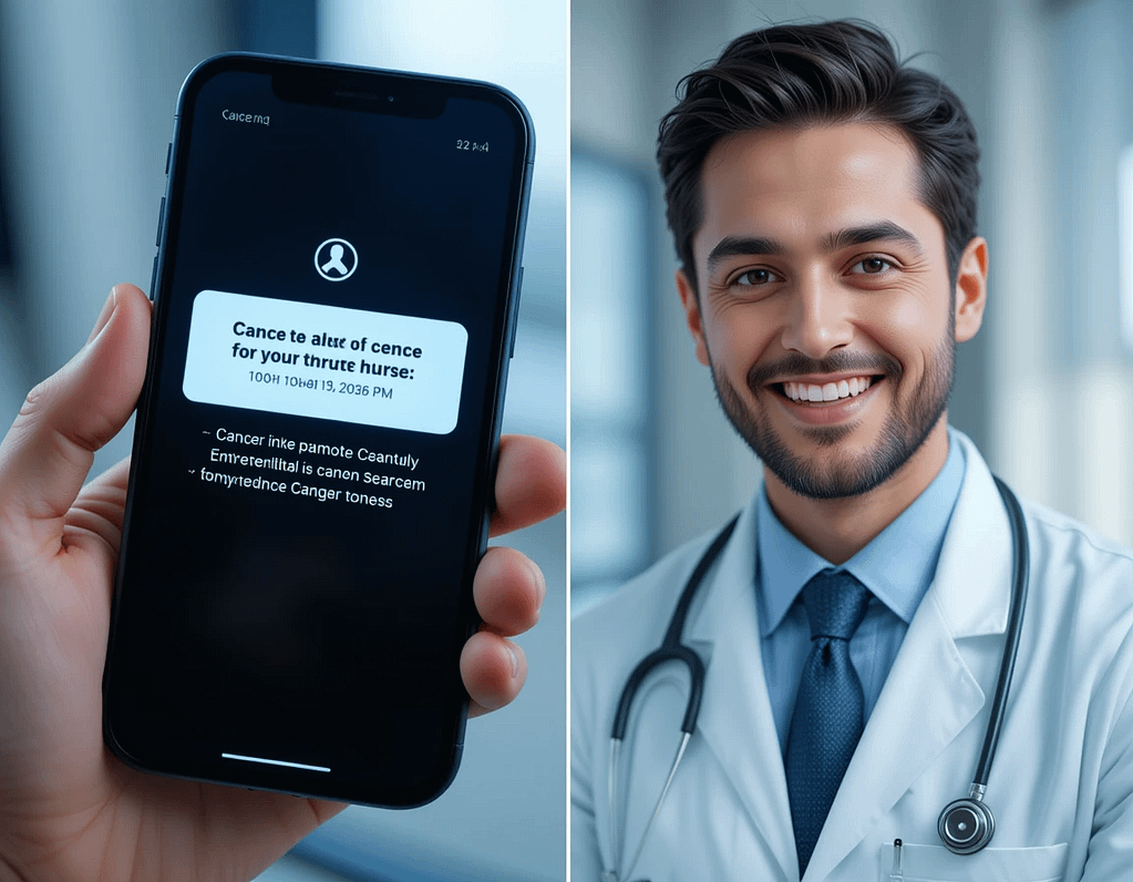 "Split image contrasting a doctor with a stethoscope and a smartphone cancer detection alert, highlighting the human vs. AI divide."