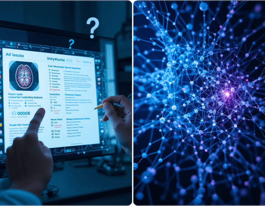 plit-screen image: on the left, a doctor examining an AI-generated medical diagnosis with question marks hovering overhead; on the right, a visualization of a complex neural network with millions of nodes and connections illuminated in blue and purple, demonstrating the impossible task of tracing AI reasoning.