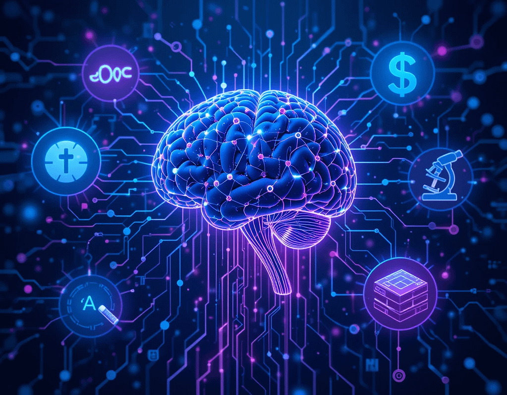 "Futuristic visualization showing AI's neural networks connecting to various industry symbols, representing how artificial intelligence is revolutionizing multiple sectors simultaneously."