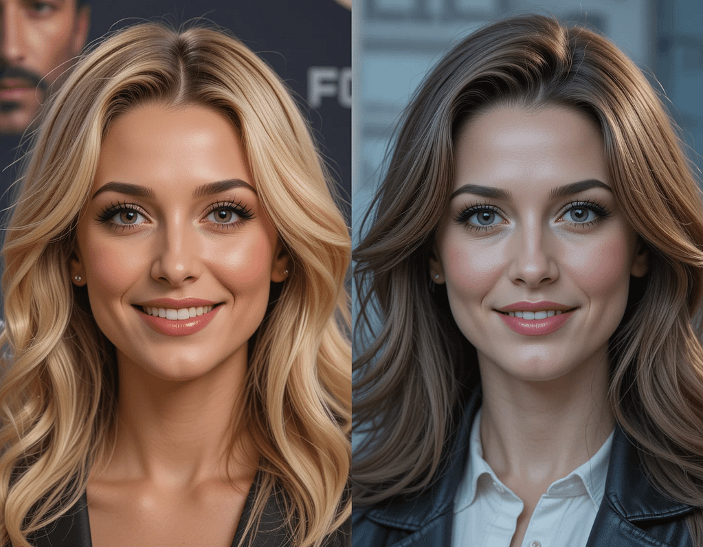 "Side-by-side comparison of a real celebrity and their deepfake version."