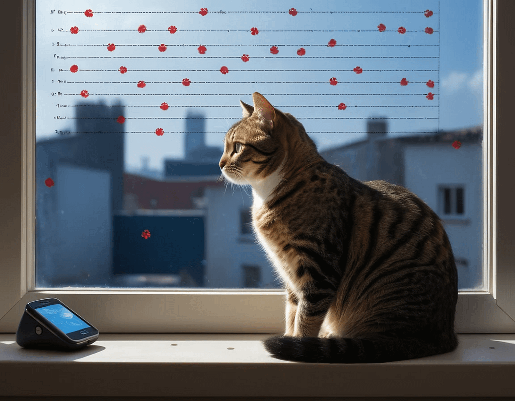 A tabby cat sits on a windowsill, its eyes reflecting a grid of floating data points (paw prints, sleep logs, GPS routes). In the background, shadowy figures lurk behind a translucent "firewall," symbolizing data hackers. A cracked smartphone screen displays "AI pet surveillance" alerts. The mood is tense, with dark blues and reds contrasting the cat’s innocence.
Pet Surveillance