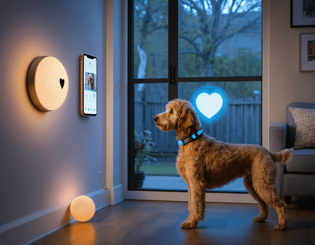 A sleek, glowing AI-powered camera mounted on a wall observes a golden retriever playing with a robotic ball. The dog’s collar emits a soft blue light, projecting holographic health stats (heart rate, activity level). Through a window, a smartphone screen shows real-time updates labeled "AI pet surveillance." The scene blends warmth (soft lighting, a cozy living room) with cold tech (circuit patterns on the devices). Pet Surveillance