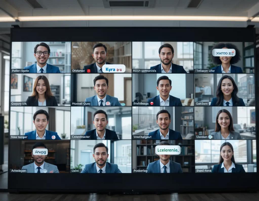 A diverse group of business professionals in a video conference call with floating translation bubbles.