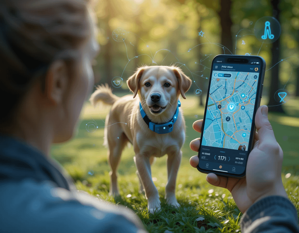 A modern, high-tech AI pet tracker device attached to a dog's collar, glowing softly with digital readouts displaying vital signs and location data. The dog is exploring a park while its owner checks a smartphone showing an advanced interface with health