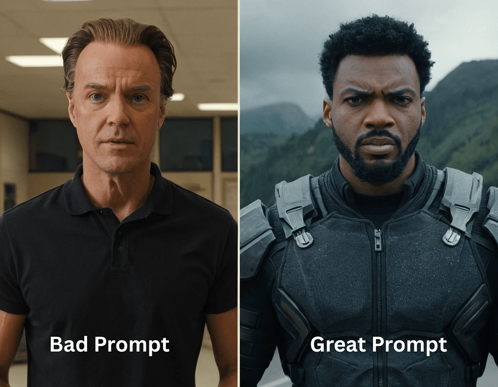 Image of two men, one plain and simple the other is outfitted and ready to go, illustrating a the difference between a good prompt and a bad prompt.