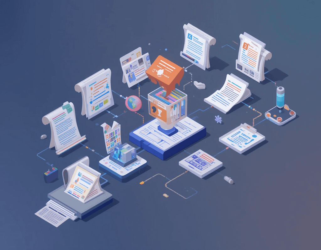 "Isometric illustration of a content creator's workflow showing documents being uploaded to NotebookLM, transforming into multiple content formats (blog posts, social media graphics, audio podcasts, video scripts) flowing outward like a creative pipeline"