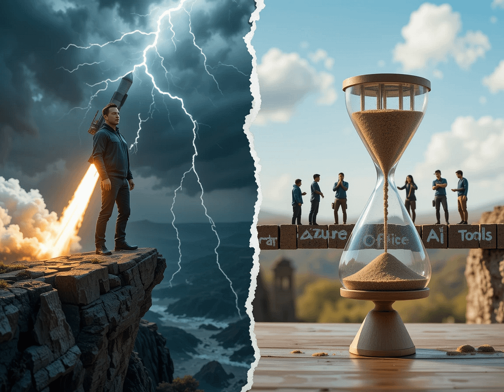 Elon Musk on a cliff with a rocket model in a storm vs. Microsoft team building a bridge labeled with cloud/AI tools in a sunny landscape