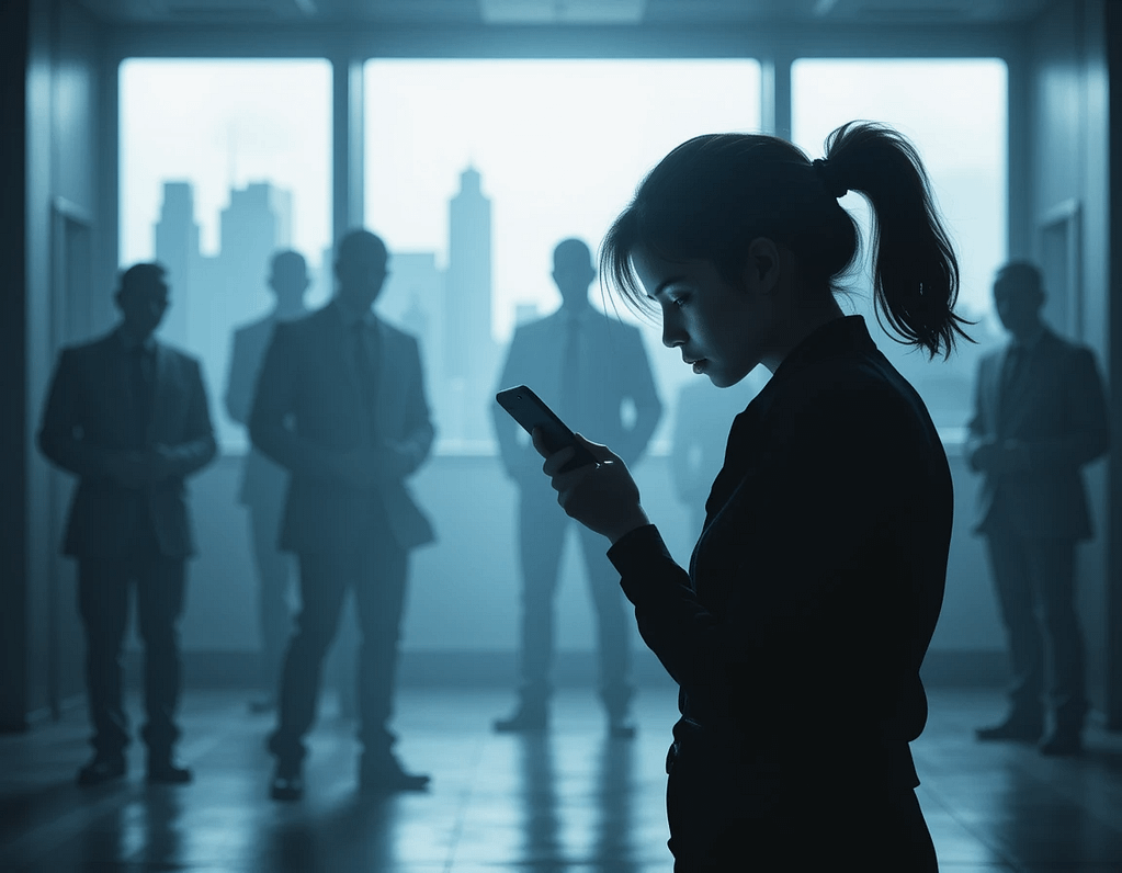 "Person anxiously using smartphone cancer detection app, with shadowy corporate figures hinting at privacy threats."