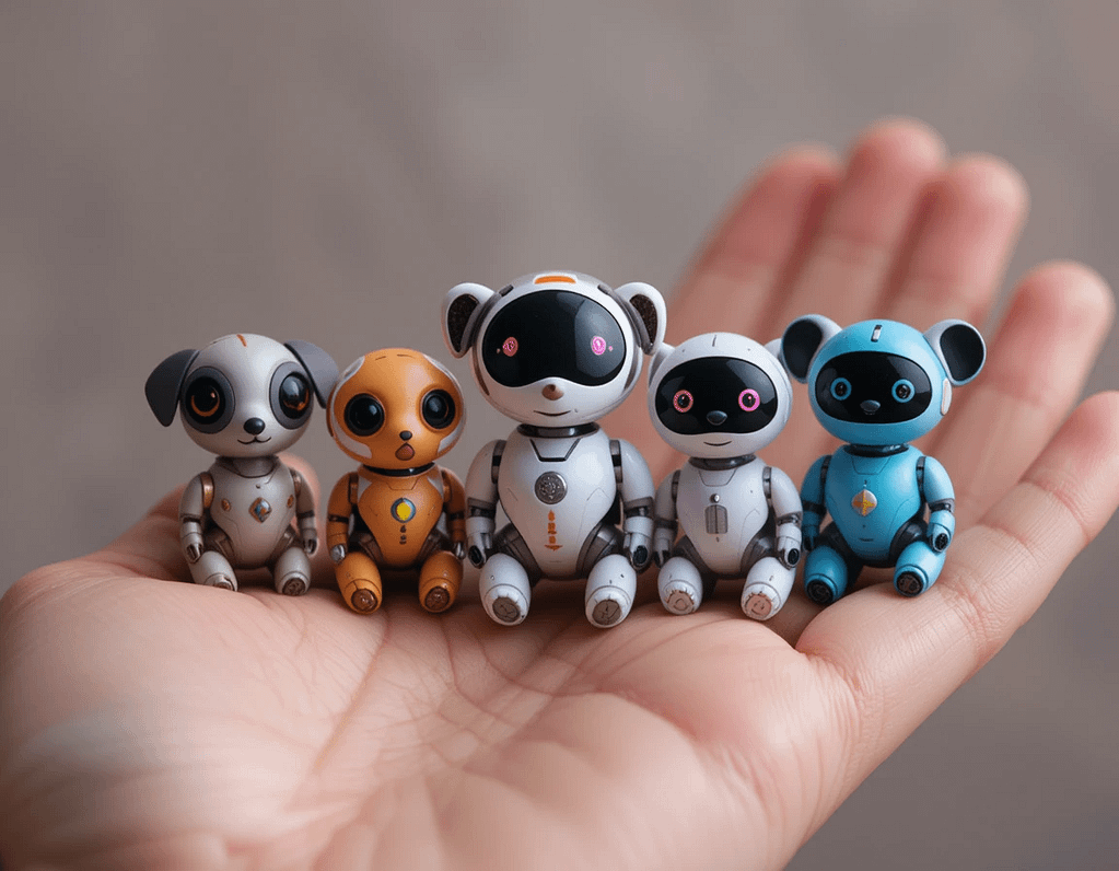 "Five tiny AI pet robots sitting on an open palm, showcasing their pocket-sized dimensions and unique designs."