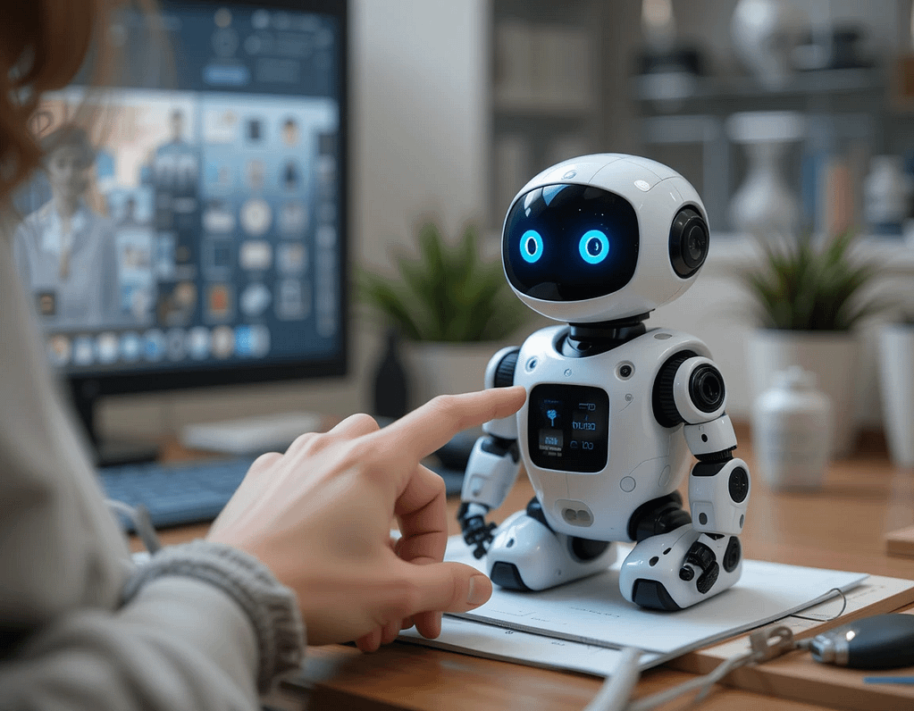 "Person engaging with a small AI pet robot on their desk, demonstrating the emotional connection between humans and miniature robotic companions."