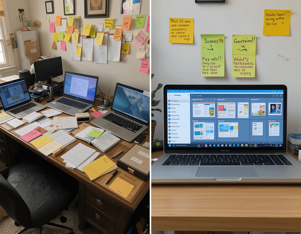 "Split-screen comparison showing a cluttered desk with multiple open laptops, scattered papers, and sticky notes on the left, versus a clean, organized workspace with a single laptop displaying NotebookLM interface and organized digital notebooks on the right"
