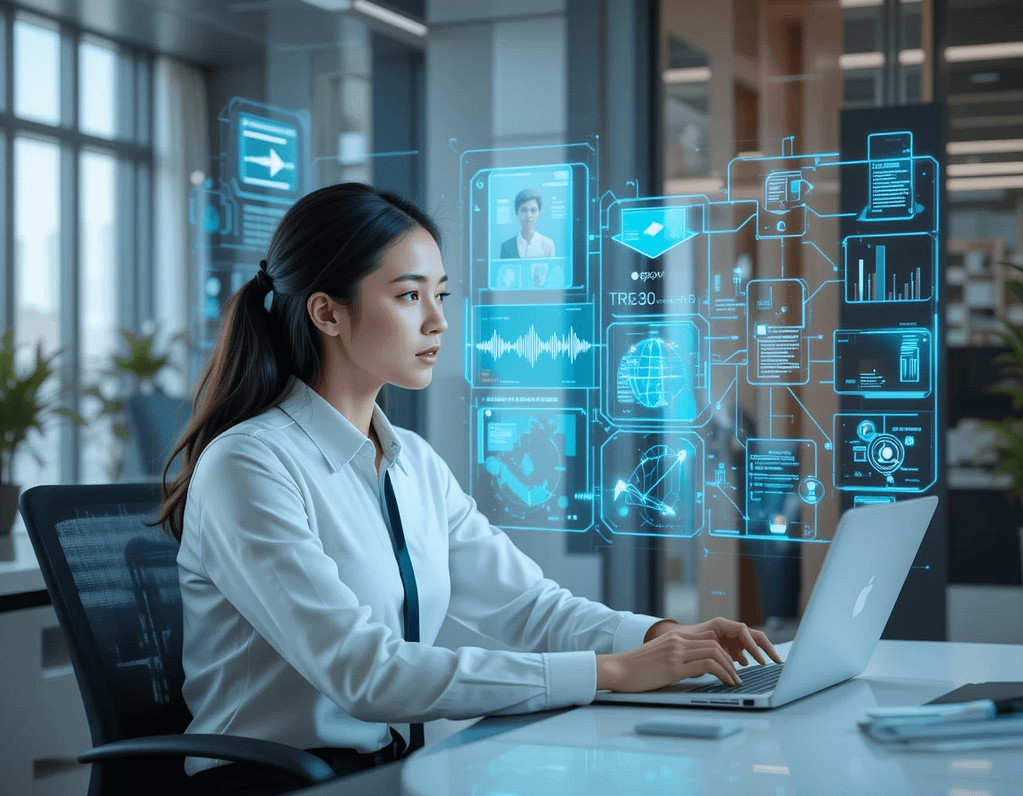  "Professional business person sitting at a modern desk with holographic AI assistant interface floating above, showing document analysis, audio waveforms, and interconnected knowledge graphs representing personalized research synthesis"
