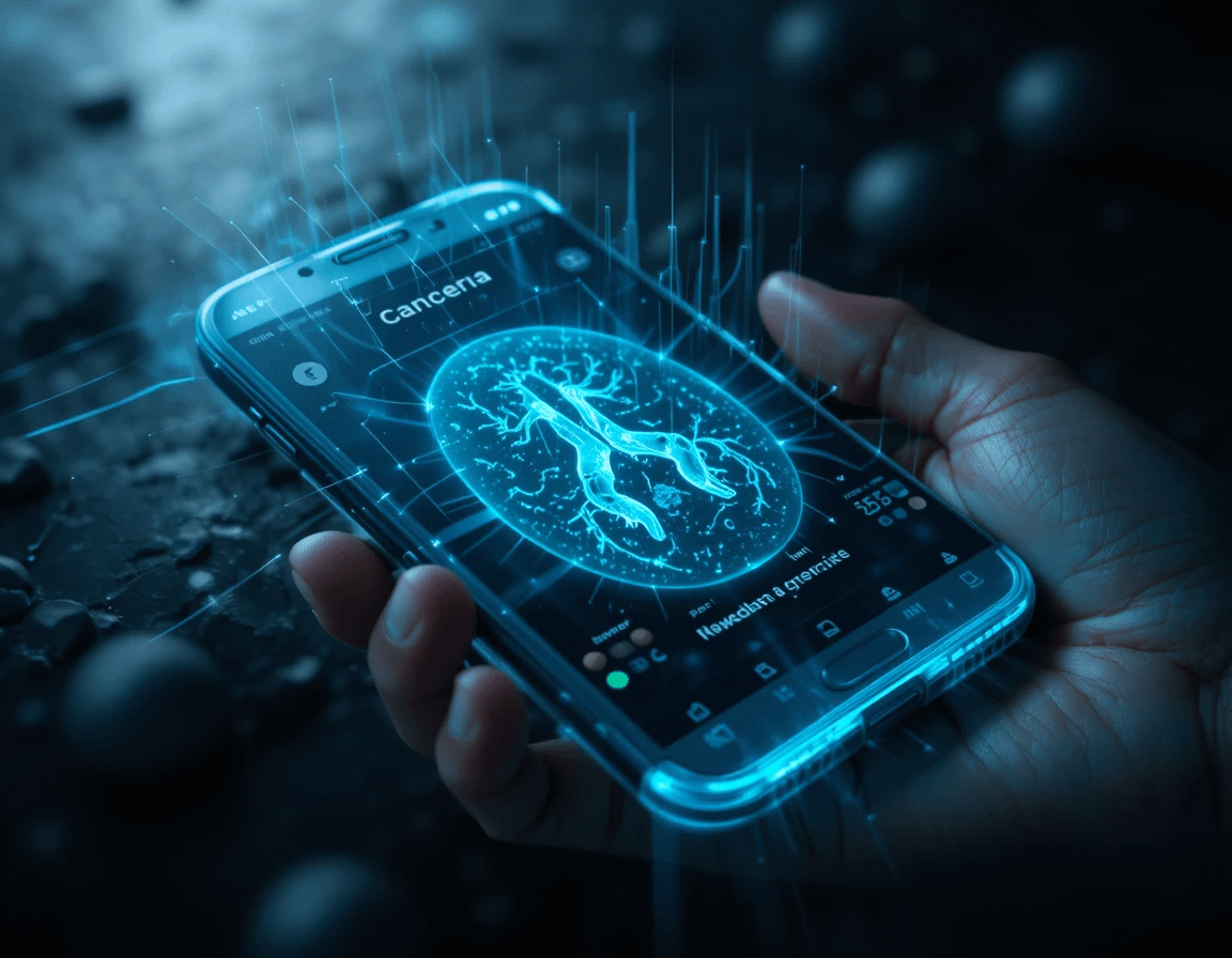 Futuristic smartphone displaying a holographic cancer scan, symbolizing advanced smartphone cancer detection technology.