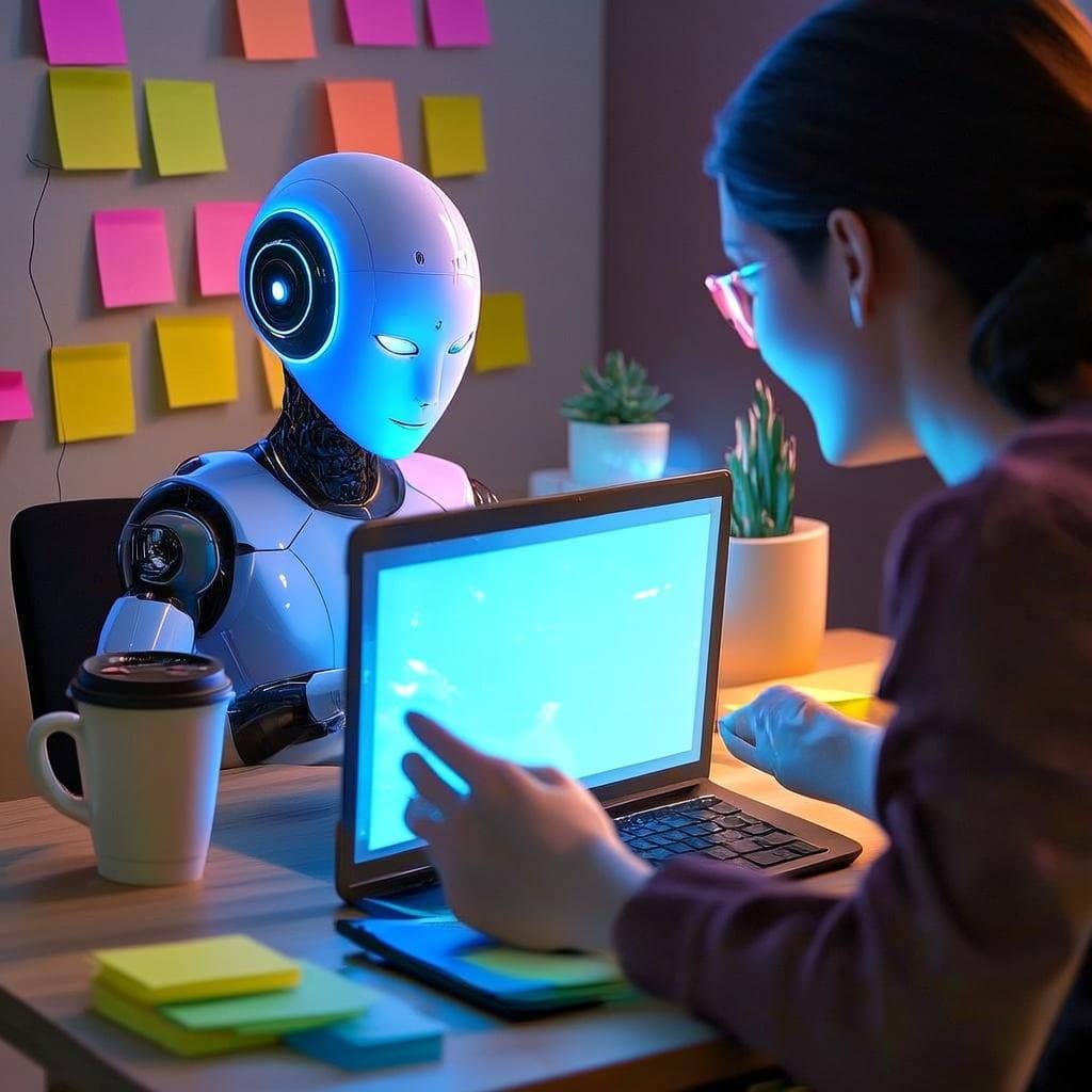 Lady on the computer with her chatbot sitting across form her as her "Chatbot Whisperer."