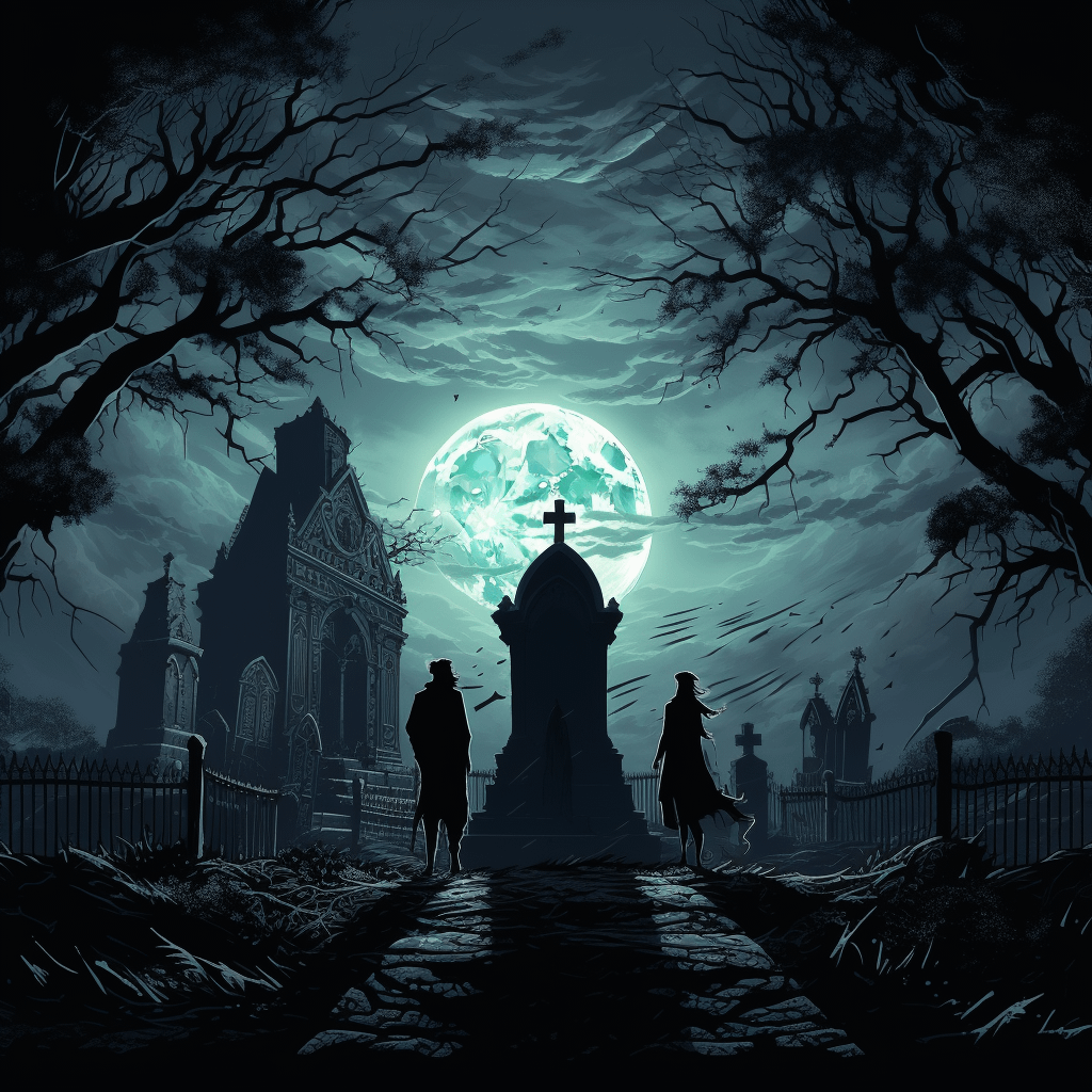 
Dynamic illustration of three skeletal figures in a macabre dance within a gothic, moon-drenched graveyard. Sharp, angular tombstones and ornate wrought-iron fences define the scene, with a massive, ancient oak tree silhouetted against a full, luminous moon. The atmosphere is intensely eerie and supernatural.